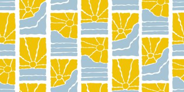 Muhteşem Güneş Pürüzsüz Kalıplar Kümesi. Vektör Dalgalı Geometrik Güneş Işığı 60 'larda, 70' lerde. Tasarım, ambalaj kağıdı ve kumaş baskı için Freehand Hippi Biçiminde Soyut Özgeçmiş