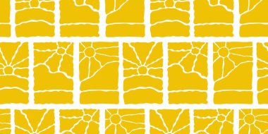 Muhteşem Güneş Pürüzsüz Kalıplar Kümesi. Vektör Dalgalı Geometrik Güneş Işığı 60 'larda, 70' lerde. Tasarım, ambalaj kağıdı ve kumaş baskı için Freehand Hippi Biçiminde Soyut Özgeçmiş