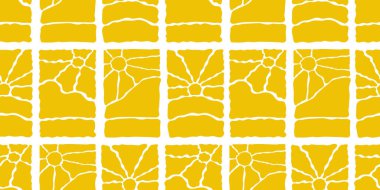 Muhteşem Güneş Pürüzsüz Kalıplar Kümesi. Vektör Dalgalı Geometrik Güneş Işığı 60 'larda, 70' lerde. Tasarım, ambalaj kağıdı ve kumaş baskı için Freehand Hippi Biçiminde Soyut Özgeçmiş