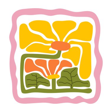 Matisse estetik olarak kıvrımlı. Harika soyut çiçek sanatı. 70 'lerin modası geçmiş naif hippi tarzında organik karalama şekilleri. Pembe, sarı, yeşil renklerde botanik vektör illüstrasyonu.