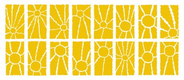 Modern hippi y2k retro güneş arka planı ya da soyut organik karalama şekilli ve 70 'lerin saf boho tarzında dalgalı sarı çiçek desenli günışığı pankartı. Güneş patlaması..