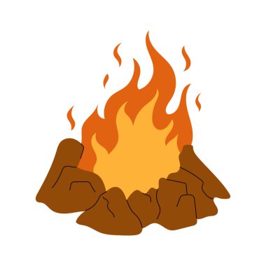 Beyaz arka planda izole edilmiş alevler ve etrafındaki kayalarla dolu bir kamp ateşinin temsili. Açık hava temaları için düz bir tarz. Pişirme ve ısıtma için ateş