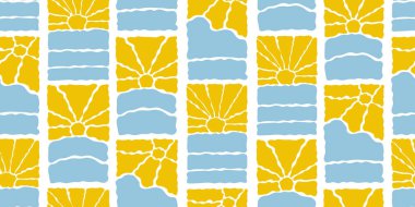 Muhteşem Güneş Pürüzsüz Kalıplar Kümesi. Vektör Dalgalı Geometrik Güneş Işığı 60 'larda, 70' lerde. Tasarım, ambalaj kağıdı ve kumaş baskı için Freehand Hippi Biçiminde Soyut Özgeçmiş