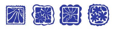 Matisse estetik olarak kıvrımlı. Soyut çiçek sanat seti. Organik karalama şekilleri modaya uygun naif retro tarzında. Çağdaş posterler ve arka planlar. Mavi renklerde bitkisel botanik vektör çizimleri.