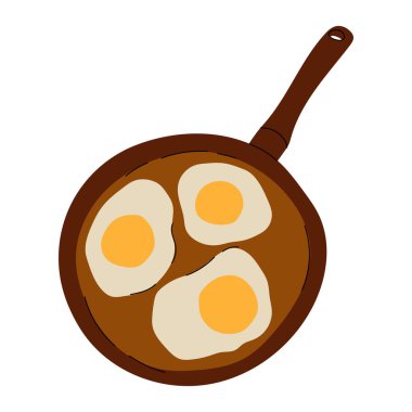 Kızartma tavası ve yukarıdan bakıldığında üç tane güneşli yumurta. Yemek, kahvaltı, yemek pişirme ya da mutfakla ilgili içerik için ideal. Basit düz dizayn tarzı. Vektör Stok Resimleri.