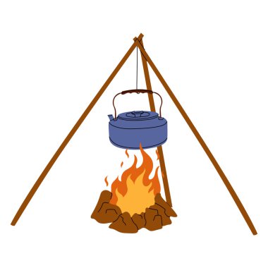 Kamp çaydanlığı açık ateşte asılı, tripod tezgahı var, açık havada kamp ateşinde kaynar su var. Vahşi doğada basit bir kırsal pişirme yöntemi. Vektör Stok Resimleri.
