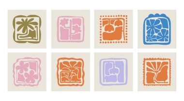 Matisse estetik olarak kıvrımlı. Harika, soyut çiçek seti. 70 'lerin modası geçmiş naif hippi tarzında organik karalama şekilleri. Pembe, sarı, yeşil renklerde botanik vektör illüstrasyonu.