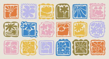 Matisse estetik olarak kıvrımlı. Harika, soyut çiçek seti. 70 'lerin modası geçmiş naif hippi tarzında organik karalama şekilleri. Pembe, sarı, yeşil renklerde botanik vektör illüstrasyonu.