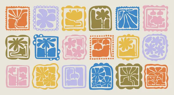 Matisse estetik olarak kıvrımlı. Harika, soyut çiçek seti. 70 'lerin modası geçmiş naif hippi tarzında organik karalama şekilleri. Pembe, sarı, yeşil renklerde botanik vektör illüstrasyonu.