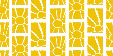 Muhteşem Güneş Pürüzsüz Kalıplar Kümesi. Vektör Dalgalı Geometrik Güneş Işığı 60 'larda, 70' lerde. Tasarım, ambalaj kağıdı ve kumaş baskı için Freehand Hippi Biçiminde Soyut Özgeçmiş