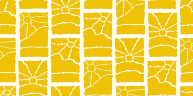 Muhteşem Güneş Pürüzsüz Kalıplar Kümesi. Vektör Dalgalı Geometrik Güneş Işığı 60 'larda, 70' lerde. Tasarım, ambalaj kağıdı ve kumaş baskı için Freehand Hippi Biçiminde Soyut Özgeçmiş