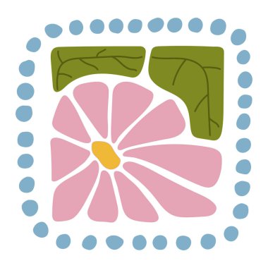 Dekoratif kare çerçeveli dairesel detaylarla el çizimi renkli çiçek unsurları. Soyut çiçek yaprakları ve yaprak tasarımı. Albüm, el sanatları, tekstil tasarımı, dijital sanat ve dekor için mükemmel..