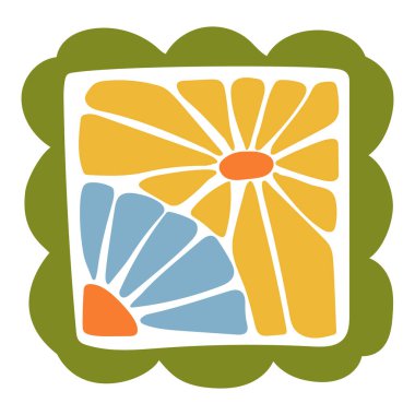 Modern el çizimi tarzında turuncu merkezli soyut sarı çiçek. Basit taç yapraklarıyla kalın çiçek kompozisyonu. Tekstil, el sanatları, dijital sanat, duvar dekorasyonu, baskı ve yaratıcı projeler için mükemmel.