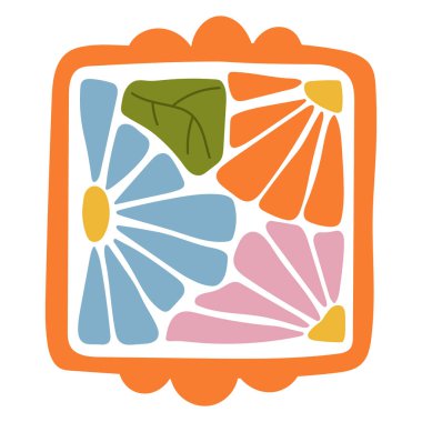 Turuncu, pembe çiçek yaprakları ve yeşil yapraklı soyut renkli çiçek kompozisyonu. Modern boho tarzında el yapımı botanik tasarımı. Tekstil, dijital sanat, dekor ve zanaat projeleri için harika.