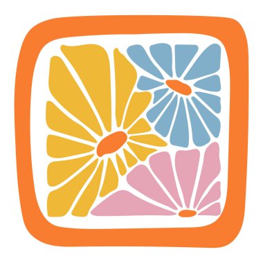 Mavi ve turuncu çiçek yaprakları ve yeşil yapraklı soyut renkli çiçek tasarımı. El yapımı modern botanik kompozisyonu. Tekstil, el sanatları, dijital sanat, duvar dekorasyonu ve baskı projeleri için mükemmel.