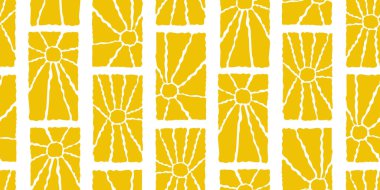 Muhteşem Güneş Pürüzsüz Kalıplar Kümesi. Vektör Dalgalı Geometrik Güneş Işığı 60 'larda, 70' lerde. Tasarım, ambalaj kağıdı ve kumaş baskı için Freehand Hippi Biçiminde Soyut Özgeçmiş