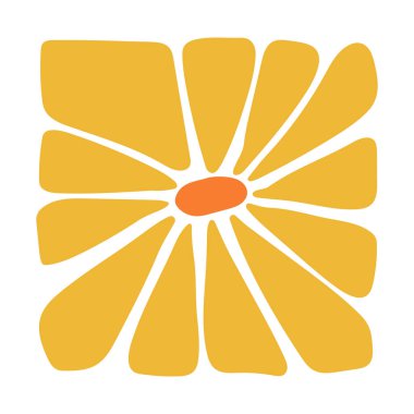 Modern el çizimi tarzında turuncu merkezli soyut sarı çiçek. Basit taç yapraklarıyla kalın çiçek kompozisyonu. Tekstil, el sanatları, dijital sanat, duvar dekorasyonu, baskı ve yaratıcı projeler için mükemmel.