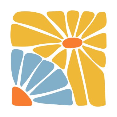 Modern el çizimi tarzında turuncu merkezli soyut sarı çiçek. Basit taç yapraklarıyla kalın çiçek kompozisyonu. Tekstil, el sanatları, dijital sanat, duvar dekorasyonu, baskı ve yaratıcı projeler için mükemmel.