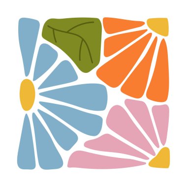 Mavi ve turuncu çiçek yaprakları ve yeşil yapraklı soyut renkli çiçek tasarımı. El yapımı modern botanik kompozisyonu. Tekstil, el sanatları, dijital sanat, duvar dekorasyonu ve baskı projeleri için mükemmel.