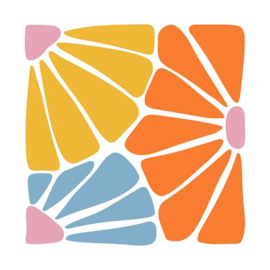 Mavi ve turuncu çiçek yaprakları ve yeşil yapraklı soyut renkli çiçek tasarımı. El yapımı modern botanik kompozisyonu. Tekstil, el sanatları, dijital sanat, duvar dekorasyonu ve baskı projeleri için mükemmel.