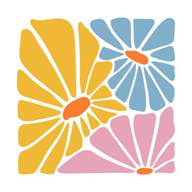 Noktalı yeşil kare çerçeveli pembe ve mavi çiçek yapraklarıyla soyut renkli çiçek deseni. El yapımı modern botanik tasarımı. Tekstil, el sanatları, dijital sanat ve dekoratif projeler için harika..