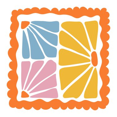 Mavi ve turuncu çiçek yaprakları ve yeşil yapraklı soyut renkli çiçek tasarımı. El yapımı modern botanik kompozisyonu. Tekstil, el sanatları, dijital sanat, duvar dekorasyonu ve baskı projeleri için mükemmel.