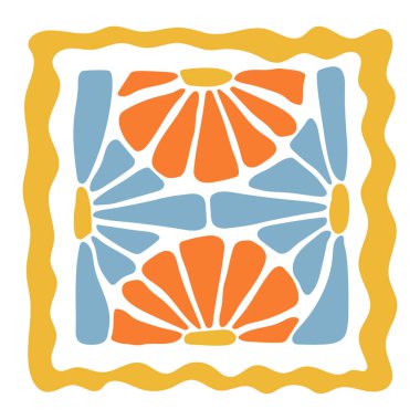 Mavi ve turuncu çiçek yaprakları ve yeşil yapraklı soyut renkli çiçek tasarımı. El yapımı modern botanik kompozisyonu. Tekstil, el sanatları, dijital sanat, duvar dekorasyonu ve baskı projeleri için mükemmel.