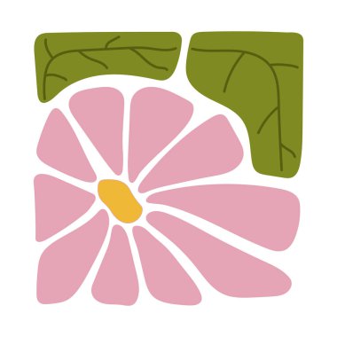 Dekoratif kare çerçeveli dairesel detaylarla el çizimi renkli çiçek unsurları. Soyut çiçek yaprakları ve yaprak tasarımı. Albüm, el sanatları, tekstil tasarımı, dijital sanat ve dekor için mükemmel..