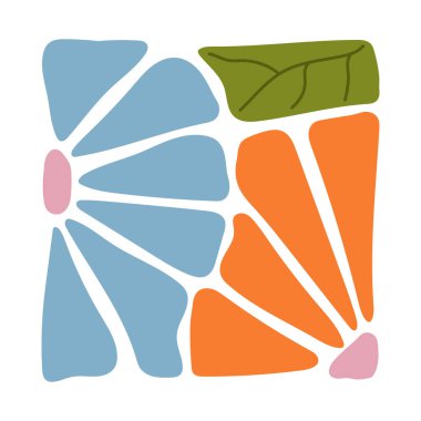 Mavi ve turuncu çiçek yaprakları ve yeşil yapraklı soyut renkli çiçek tasarımı. El yapımı modern botanik kompozisyonu. Tekstil, el sanatları, dijital sanat, duvar dekorasyonu ve baskı projeleri için mükemmel.