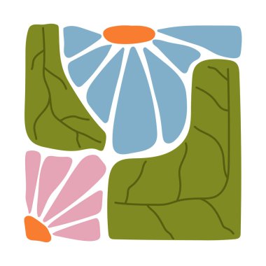 Dekoratif kare çerçeveli dairesel detaylarla el çizimi renkli çiçek unsurları. Soyut çiçek yaprakları ve yaprak tasarımı. Albüm, el sanatları, tekstil tasarımı, dijital sanat ve dekor için mükemmel..