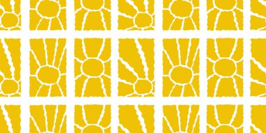 Muhteşem Güneş Pürüzsüz Kalıplar Kümesi. Vektör Dalgalı Geometrik Güneş Işığı 60 'larda, 70' lerde. Tasarım, ambalaj kağıdı ve kumaş baskı için Freehand Hippi Biçiminde Soyut Özgeçmiş