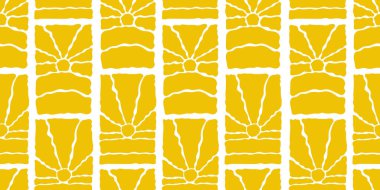 Muhteşem Güneş Pürüzsüz Kalıplar Kümesi. Vektör Dalgalı Geometrik Güneş Işığı 60 'larda, 70' lerde. Tasarım, ambalaj kağıdı ve kumaş baskı için Freehand Hippi Biçiminde Soyut Özgeçmiş