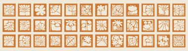 Kare çerçevelerde soyut çiçek desenleri koleksiyonu. Modern, organik ve minimalist tarzda el yapımı botanik desenler. Dekorasyon, lazer kesimi ve el işi projeleri için mükemmel..