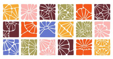 Modern kare tarzında renkli, soyut çiçek desenleri koleksiyonu. Boho tarzında elle çizilmiş botanik tasarımlar. Dekorasyon, el işi, tekstil tasarımı ve dijital projeler için mükemmel..