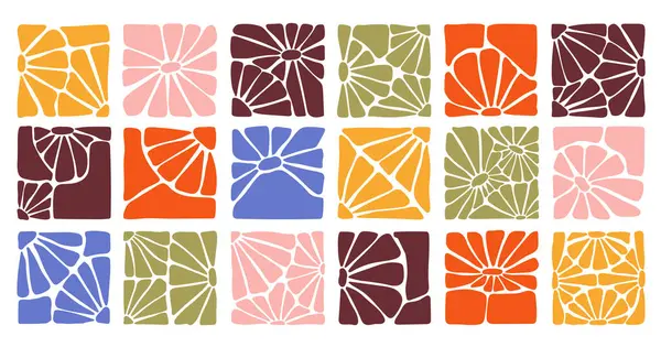 Modern kare tarzında renkli, soyut çiçek desenleri koleksiyonu. Boho tarzında elle çizilmiş botanik tasarımlar. Dekorasyon, el işi, tekstil tasarımı ve dijital projeler için mükemmel..