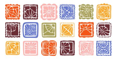 Modern kare tarzında renkli, soyut çiçek desenleri koleksiyonu. Boho tarzında elle çizilmiş botanik tasarımlar. Dekorasyon, el işi, tekstil tasarımı ve dijital projeler için mükemmel..