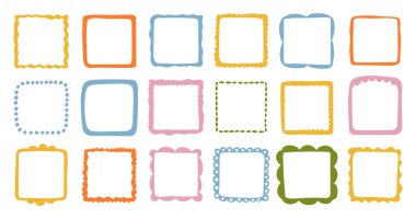 Renkli el yapımı kare çerçeveler koleksiyonu. Koleksiyon defteri, tebrik kartları, davetiyeler, fotoğraf albümleri, etiketler, posterler ve yaratıcı tasarım projeleri için vektör dekoratif sınırlar. 