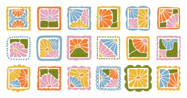 Modern kare tarzında renkli, soyut çiçek desenleri koleksiyonu. Boho tarzında elle çizilmiş botanik tasarımlar. Dekorasyon, el işi, tekstil tasarımı ve dijital projeler için mükemmel..