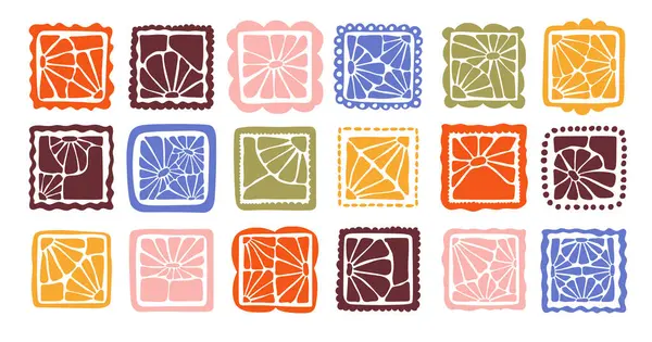 Modern kare tarzında renkli, soyut çiçek desenleri koleksiyonu. Boho tarzında elle çizilmiş botanik tasarımlar. Dekorasyon, el işi, tekstil tasarımı ve dijital projeler için mükemmel..