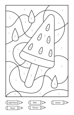 Sayılarla renklendirmek için bir dilim karpuz resmi olan boyama sayfası. Çocuk eğitimi için bulmaca oyunu. Çocuklar için basit renklendirme