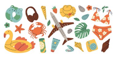 Çıkartma için yaz vektörü ayarlandı. Simgeler, işaretler, pankartlar. Parlak bir yaz posteri. Yaz tatili için koleksiyon elemanları.