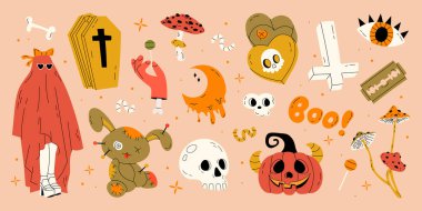 Güzel Cadılar Bayramı seti. Komik sonbahar balkabağı hayaleti, göz, vudu bebeği, kafatası, şeker, kawaii tatil karakterleri. Ekim tasarım elementleri, tabut, solucan. İzole edilmiş düz grafik vektör çizimi