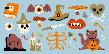 Mutlu Cadılar Bayramı element arka plan vektörü. Şirin bir kedi, balkabağı, yarasa, lolipop, kafatası, mezar, şapka, göz, mum koleksiyonu. Dekorasyon ve baskılar için sevimli cadılar bayramı festivali unsurları.