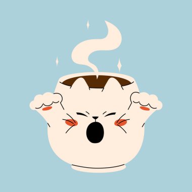 Çocuklar için sıcak içeceği ve tasarımı olan sevimli kawaii cadılar bayramı kupası kedisi. Marshmallow ve samanla dolu güzel bir kupada balkabaklı latte. Mavi arkaplandaki vektör stok illüstrasyonu.