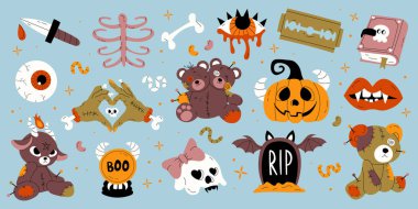 Mutlu Cadılar Bayramı, izole tasarım elementleri. Beyaz üzerine el çizilmiş ürkütücü ve şirin bir klişe. Balkabağı, voodoo bebeği, göz, kan, diş, vampir, kemik, kafatası, mezar.