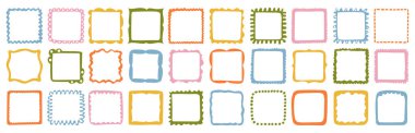 Renkli el yapımı kare çerçeveler koleksiyonu. Koleksiyon defteri, tebrik kartları, davetiyeler, fotoğraf albümleri, etiketler, posterler ve yaratıcı tasarım projeleri için vektör dekoratif sınırlar. 
