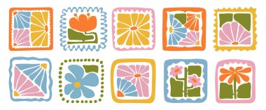 Modern kare tarzında renkli, soyut çiçek desenleri koleksiyonu. Boho tarzında elle çizilmiş botanik tasarımlar. Dekorasyon, el işi, tekstil tasarımı ve dijital projeler için mükemmel..