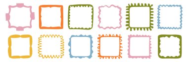 Renkli el yapımı kare çerçeveler koleksiyonu. Koleksiyon defteri, tebrik kartları, davetiyeler, fotoğraf albümleri, etiketler, posterler ve yaratıcı tasarım projeleri için vektör dekoratif sınırlar. 