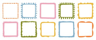 Renkli el yapımı kare çerçeveler koleksiyonu. Koleksiyon defteri, tebrik kartları, davetiyeler, fotoğraf albümleri, etiketler, posterler ve yaratıcı tasarım projeleri için vektör dekoratif sınırlar. 