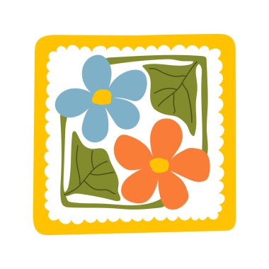 Dekoratif kare çerçeveli dairesel detaylarla el çizimi renkli çiçek unsurları. Soyut çiçek yaprakları ve yaprak tasarımı. Albüm, el sanatları, tekstil tasarımı, dijital sanat ve dekor için mükemmel..